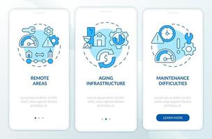 Rural electrification obstacles blue onboarding mobile app screen. Walkthrough 3 steps graphic instructions pages with linear concepts. UI, UX, GUI template. Myriad Pro-Bold, Regular fonts used vector