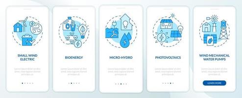 Rural electrification technology blue onboarding mobile app screen. Walkthrough 5 steps graphic instructions pages with linear concepts. UI, UX, GUI template. Myriad Pro-Bold, Regular fonts used vector