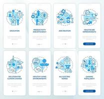 Rural electrification blue onboarding mobile app screen set. Green energy walkthrough 4 steps graphic instructions pages with linear concepts. UI, UX, GUI template. Myriad Pro-Bold, Regular fonts used vector