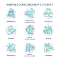 Business communication turquoise concept icons set. Workplace etiquette idea thin line color illustrations. Isolated outline drawings. Editable stroke. Roboto-Medium, Myriad Pro-Bold fonts used vector