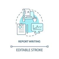 Report writing turquoise concept icon. Improve decision-making abstract idea thin line illustration. Material presentation. Isolated outline drawing. Editable stroke. Arial, Myriad Pro-Bold fonts used vector