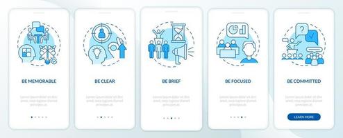 Business communication etiquette blue onboarding mobile app screen. Walkthrough 5 steps graphic instructions pages with linear concepts. UI, UX, GUI template. Myriad Pro-Bold, Regular fonts used vector