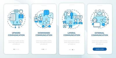 Professional communication types blue onboarding mobile app screen. Walkthrough 4 steps graphic instructions pages with linear concepts. UI, UX, GUI template. Myriad Pro-Bold, Regular fonts used vector