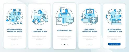 Professional communication forms blue onboarding mobile app screen. Walkthrough 5 steps graphic instructions pages with linear concepts. UI, UX, GUI template. Myriad Pro-Bold, Regular fonts used vector