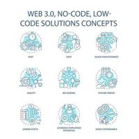 Web 3 0 turquoise concept icons set. Easy software development. No code idea thin line color illustrations. Isolated outline drawings. Editable stroke. Roboto-Medium, Myriad Pro-Bold fonts used