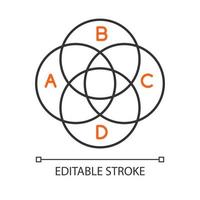 Venn diagram linear icon. Round chart. Overlapping circles. Intertwined graph. Marketing, business. Thin line illustration. Contour symbol. Vector isolated outline drawing. Editable stroke