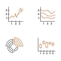 Chart and graph linear icons set. Radial diagram with increasing values. Area charts. Vertical scatter histogram. Thin line contour symbols. Isolated vector outline illustrations. Editable stroke