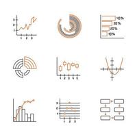 conjunto de iconos lineales de gráfico y gráfico. histograma curva de función. diagrama. curva de Pareto. gráfico de figuras Conección de datos. símbolos de contorno de línea delgada. ilustraciones aisladas de contorno vectorial. trazo editable vector