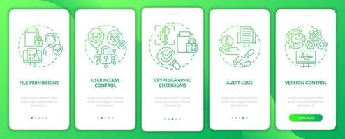 pantalla de la aplicación móvil de incorporación de degradado verde de integridad. tutorial de datos privados páginas de instrucciones gráficas de 5 pasos con conceptos lineales. interfaz de usuario, ux, plantilla de interfaz gráfica de usuario. innumerables fuentes pro-negrita y regulares utilizadas vector