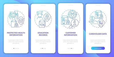 Examples of sensitive data blue gradient onboarding mobile app screen. Walkthrough 4 steps graphic instructions pages with linear concepts. UI, UX, GUI template. Myriad Pro-Bold, Regular fonts used vector