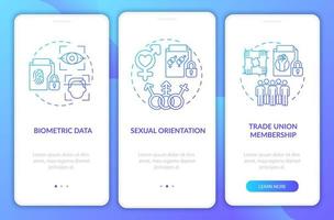 Examples of personal data blue gradient onboarding mobile app screen. Walkthrough 3 steps graphic instructions pages with linear concepts. UI, UX, GUI template. Myriad Pro-Bold, Regular fonts used vector