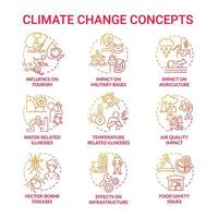 Climate change red gradient concept icons set. Global warming idea thin line color illustrations. Isolated outline drawings. Editable stroke. Roboto-Medium, Myriad Pro-Bold fonts used