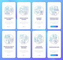 Sensitive information blue gradient onboarding mobile app screen set. Walkthrough 4 steps graphic instructions pages with linear concepts. UI, UX, GUI template. Myriad Pro-Bold, Regular fonts used vector