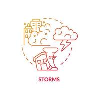 Storms red gradient concept icon. Winds and thunderstorm. Climate change abstract idea thin line illustration. Isolated outline drawing. Editable stroke. Roboto-Medium, Myriad Pro-Bold fonts used vector