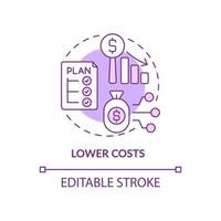 Lower costs purple concept icon. Strategy to decrease price for technology. Web 3 0 abstract idea thin line illustration. Isolated outline drawing. Editable stroke. Arial, Myriad Pro-Bold fonts used vector