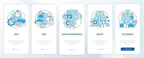 Advantages of no code blue onboarding mobile app screen. Web 3 0 walkthrough 5 steps graphic instructions pages with linear concepts. UI, UX, GUI template. Myriad Pro-Bold, Regular fonts used vector