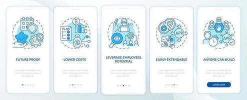 Benefits of no code blue onboarding mobile app screen. Web 3 0 walkthrough 5 steps graphic instructions pages with linear concepts. UI, UX, GUI template. Myriad Pro-Bold, Regular fonts used vector