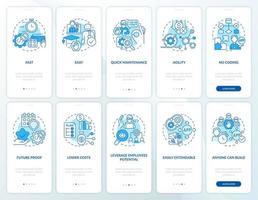 Web 3 0 blue onboarding mobile app screen set. Low code solution walkthrough 5 steps graphic instructions pages with linear concepts. UI, UX, GUI template. Myriad Pro-Bold, Regular fonts used vector