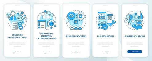 Apps created with low code platform blue onboarding mobile app screen. Web walkthrough 5 step graphic instructions pages with linear concepts. UI, UX, GUI template. Myriad Pro-Bold, Regular fonts used vector
