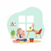 Happy girl hugging a doll in her room. Vector Illustration of a Girl holding her Doll. Girl sitting on the floor with gifts Cozy modern interior.