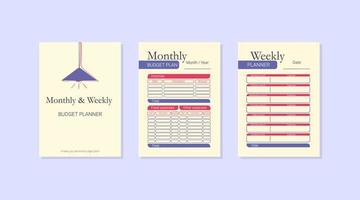 Monthly, weekly budget planner. Planner cover. Format A4. Business management logbook. Task planner checklist. Vector graphic set for budget organization.