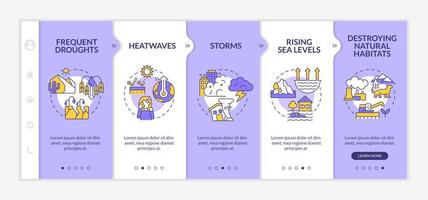 Effects of climate change purple and white onboarding template. Responsive mobile website with linear concept icons. Web page walkthrough 5 step screens. Lato-Bold, Regular fonts used vector