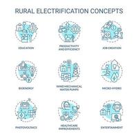 Rural electrification turquoise concept icons set. Electricity and lighting idea thin line color illustrations. Isolated outline drawings. Editable stroke. Roboto-Medium, Myriad Pro-Bold fonts used vector