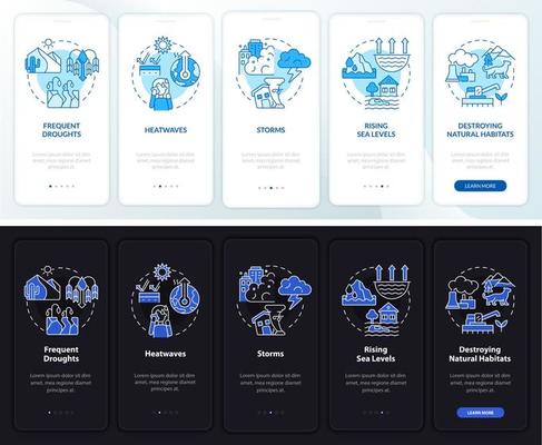 Effects of climate change night, day mode onboarding mobile app screen. Walkthrough 5 steps graphic instructions pages with linear concepts. UI, UX, GUI template. Myriad Pro-Bold, Regular fonts used