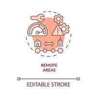 Remote areas red concept icon. Rural electrification obstacles abstract idea thin line illustration. Isolated outline drawing. Editable stroke. Roboto-Medium, Myriad Pro-Bold fonts used vector