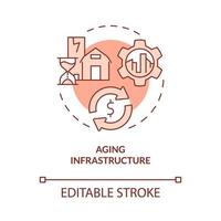 Aging infrastructure red concept icon. Rural electrification obstacles abstract idea thin line illustration. Isolated outline drawing. Editable stroke. Roboto-Medium, Myriad Pro-Bold fonts used vector