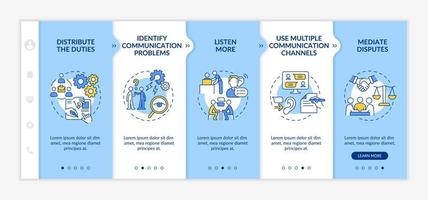 Ways to improve teamwork blue and white onboarding template. Company strategy. Responsive mobile website with linear concept icons. Web page walkthrough 5 step screens. Lato-Bold, Regular fonts used vector