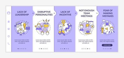 Teamwork fail reasons purple and white onboarding template. Non productive work. Responsive mobile website with linear concept icons. Web page walkthrough 5 step screens. Lato-Bold, Regular fonts used vector