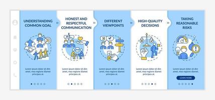 Teamwork tips blue and white onboarding template. Successful company work. Responsive mobile website with linear concept icons. Web page walkthrough 5 step screens. Lato-Bold, Regular fonts used vector