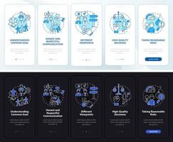 consejos de trabajo en equipo pantalla de aplicación móvil de incorporación de modo día y noche. tutorial de la empresa 5 pasos páginas de instrucciones gráficas con conceptos lineales. interfaz de usuario, ux, plantilla de interfaz gráfica de usuario. innumerables fuentes pro-negrita y regulares utilizadas vector