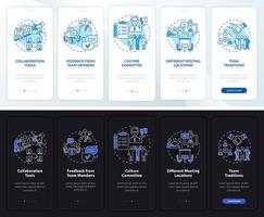 Teamwork tips night and day mode onboarding mobile app screen. Success walkthrough 5 steps graphic instructions pages with linear concepts. UI, UX, GUI template. Myriad Pro-Bold, Regular fonts used vector