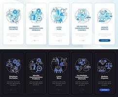 Improve teamwork night and day mode onboarding mobile app screen. Tips walkthrough 5 steps graphic instructions pages with linear concepts. UI, UX, GUI template. Myriad Pro-Bold, Regular fonts used vector