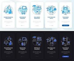 Teamwork incentives night and day mode onboarding mobile app screen. Tips walkthrough 5 steps graphic instructions pages with linear concepts. UI, UX, GUI template. Myriad Pro-Bold, Regular fonts used vector