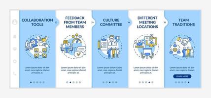 Teamwork improving tips blue and white onboarding template. Productivity boost. Responsive mobile website with linear concept icons. Web page walkthrough 5 step screens. Lato-Bold, Regular fonts used vector