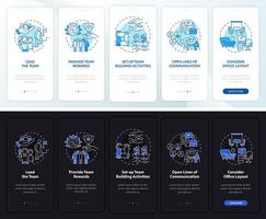 Teamwork process night and day mode onboarding mobile app screen. Tips walkthrough 5 steps graphic instructions pages with linear concepts. UI, UX, GUI template. Myriad Pro-Bold, Regular fonts used vector