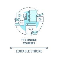 Try online courses turquoise concept icon. E learning. Programming lessons abstract idea thin line illustration. Isolated outline drawing. Editable stroke. Roboto-Medium, Myriad Pro-Bold fonts used vector