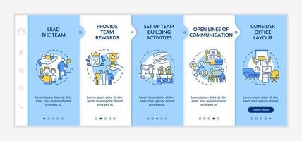 Promoting teamwork in workplace blue and white onboarding template. Team work. Responsive mobile website with linear concept icons. Web page walkthrough 5 step screens. Lato-Bold, Regular fonts used vector