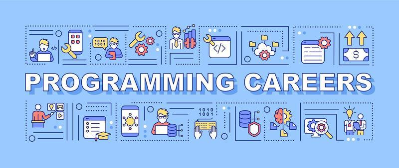 Programming career word concepts blue banner. Software developer. Infographics with linear icons on background. Isolated typography. Vector color illustration with text. Arial-Black font used