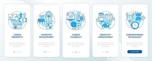 Why to learn to code blue onboarding mobile app screen. Coder walkthrough 5 steps graphic instructions pages with linear concepts. UI, UX, GUI template. Myriad Pro-Bold, Regular fonts used vector