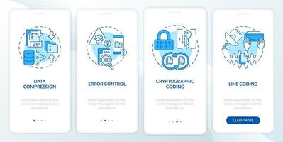 Types of coding blue onboarding mobile app screen. Programmer walkthrough 5 steps graphic instructions pages with linear concepts. UI, UX, GUI template. Myriad Pro-Bold, Regular fonts used vector