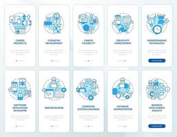 Coding concepts blue onboarding mobile app screen set. Admin walkthrough 5 steps graphic instructions pages with linear concepts. UI, UX, GUI template. Myriad Pro-Bold, Regular fonts used vector