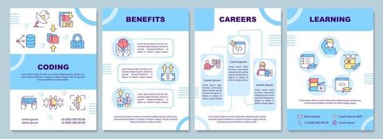 Coding career brochure template. Developer job. Booklet print design with linear icons. Vector layouts for presentation, annual reports, ads. Arial-Black, Myriad Pro-Regular fonts used