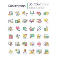 Subscription RGB color icons set. Bonuses and benefits. Content monetization. Isolated vector illustrations. Simple filled line drawings collection. Editable stroke. Quicksand-Light font used