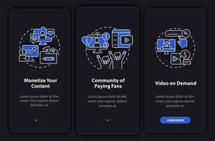 Earn money from subscription night mode onboarding mobile app screen. Walkthrough 3 steps graphic instructions pages with linear concepts. UI, UX, GUI template. Myriad Pro-Bold, Regular fonts used vector