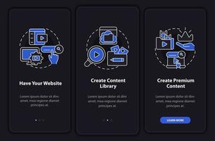 Video on demand night mode onboarding mobile app screen. Content walkthrough 3 steps graphic instructions pages with linear concepts. UI, UX, GUI template. Myriad Pro-Bold, Regular fonts used vector
