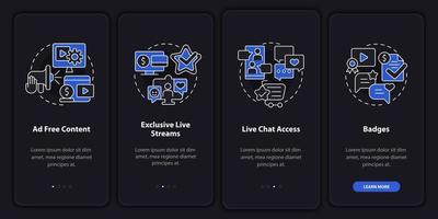 Paid subscription features night mode onboarding mobile app screen. Walkthrough 4 steps graphic instructions pages with linear concepts. UI, UX, GUI template. Myriad Pro-Bold, Regular fonts used vector